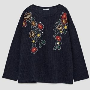 VGUC Zara Knit Floral Sequin Embroidered 3/4 Sleeves Top Sweater Size L